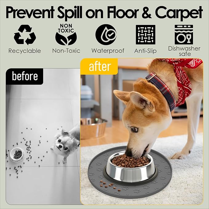 Pet Feeding Mats for Food and Water, Waterproof Anti-Slip Placemats for Dog Cat Bowl, 1 Pack Silicone Pet Food Mat, Dishwasher Safe 10.9 × 10.9 (1 Pack, Grey)