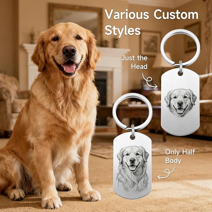 Custom Dog or Cat Portrait Keychain, Personalized Photo Engraved Keychains with Name, Customized Pet Memorial Gifts for Loss of Pets (Dog Tag Shape)