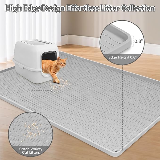 Kalolary Large Cat Litter Box Mat, 47" x 35" Silicone Litter Trapping Mat for Cats, Trapping Mat for Scatter Control with Raised Edge Waterproof Silicone Pad for Floor Easy to Clean (Light Gray)