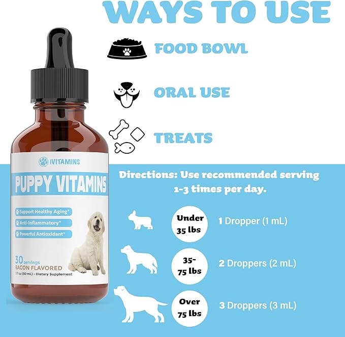 Puppy Vitamins | Puppy Supplements | Puppy Vitamins for Small Dogs | Puppy Vitamins Large Breed | Puppy Multivitamin | Puppy Vitamins and Supplements | Liquid Puppy Vitamins | 1 fl oz: Bacon Flavor