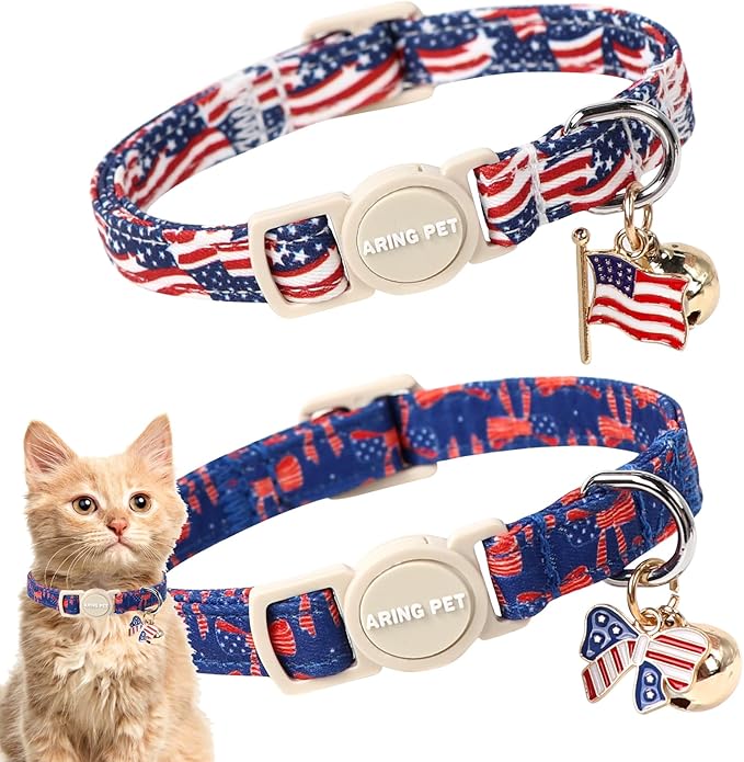 ARING PET 2 Pack American Flag Cat Collar-Cute 4th of July Independence Day Kitty Collars with Bell & Pendant, Adjustable Patriotic Kitten Collars with Safety Buckle