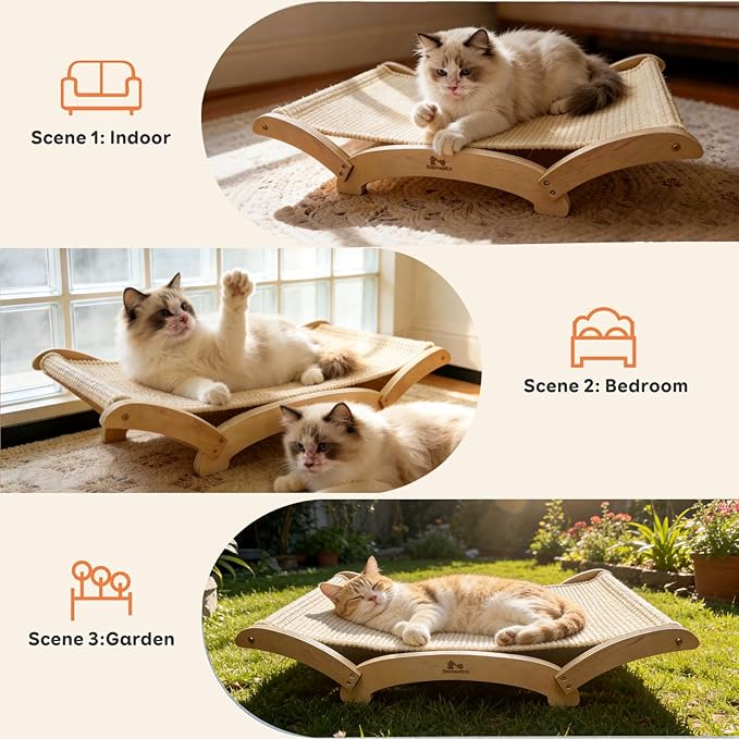 Extra-Large Sisal Cat Scratcher Bed for Indoor Cats, Cat Scratching Post with Hammock Nartural Sisal Scratch Pad for Large Cats Scratcher Lounge Chair, Wooden Cat Furniture