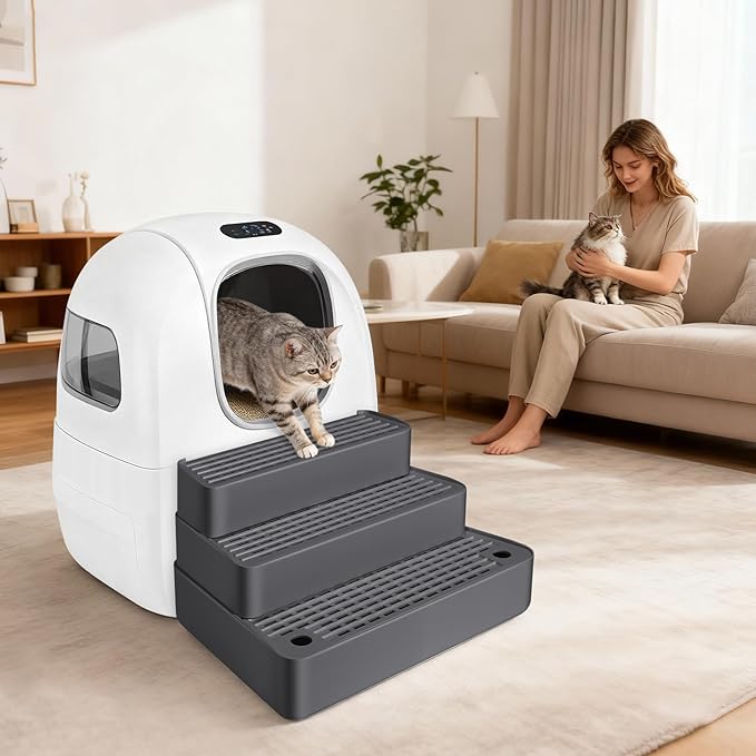 Extra Large 3 Steps Litter Box Ramp, Adjustable Cat Litter Box Step with Filter Function, Easy to Clean Cat Litter Stair Catcher for Elderly Cats and Kitten (Dark Grey)