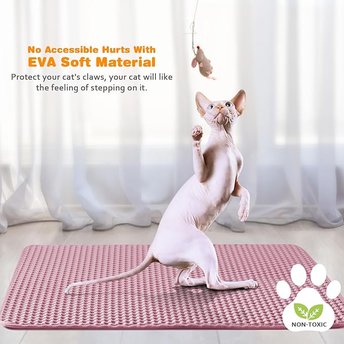 Waterproof Cat Litter Mat, Double Layer EVA, Odor-Free Large Grid, Urine Proof, Easy Cleanup (Pink, 18 x 24)