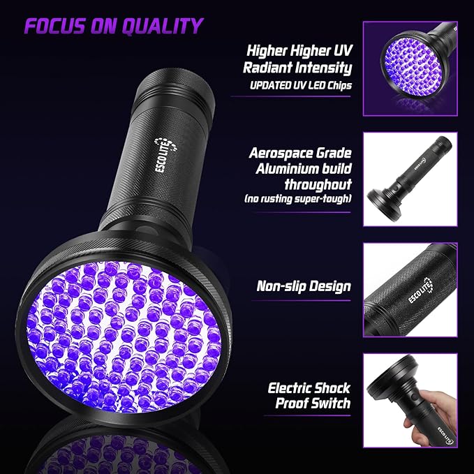 ESCO LITE UV Flashlight Black Light, 100 LED 395 nM Ultraviolet Flashlights UV Blacklight Detector for Dog Urine, Pet Stains and Bed Bug