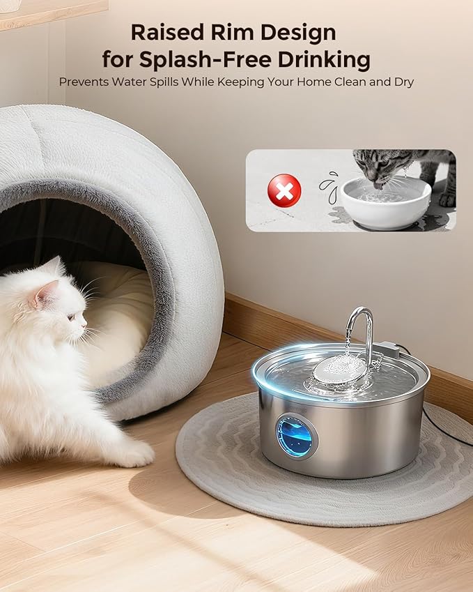 Cat Water Fountain Stainless Steel, 3.2L/108oz Pet Drinking Fountain for Cats Dogs, Automatic Cat Fountain with 2 Flow Modes, Splash-Proof Bowl