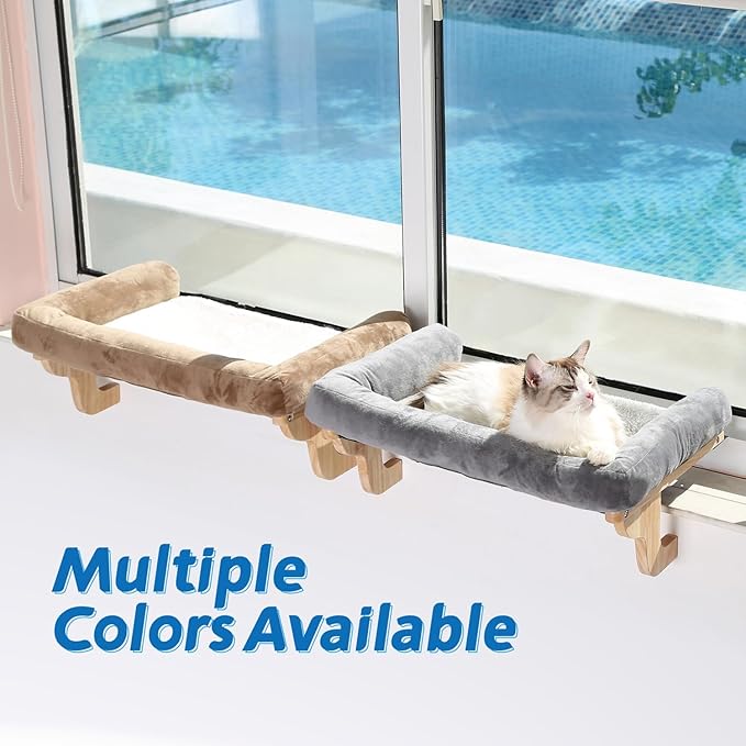 Zakkart Cat Perch for Window Sill with Bolster - Orthopedic Hammock Design with Premium Hardwood & Robust Metal Frame - Cat Window Seat for Large Cats - Natural Color Wood Brown Bed, XLarge 26.4''W