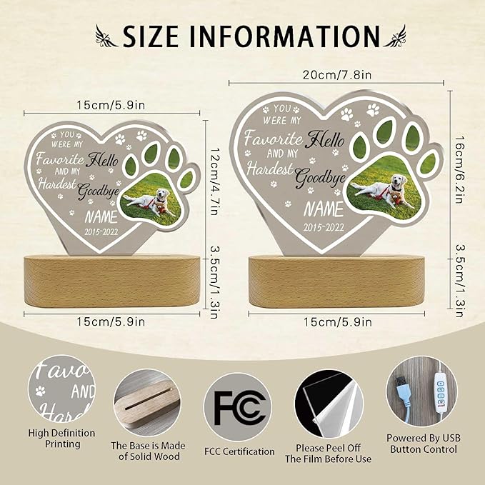 Custom Pet Memorial Night Light Gift Personalized Dog Cat Acrylic Plaque Photo Frame Sympathy Gift Condolence Gifts with Picture Name Date(Dog Paw Heart)
