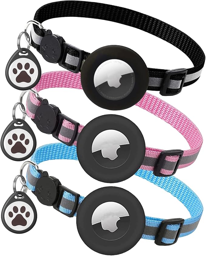 3 Pack/Airtag Cat Collar Breakaway, Reflective Kitten Collar with Apple Air Tag Holder and Bell for Girl Boy Cats, 0.4 Inches in Width and Lightweight+cat tag (3 Collars & AirTag Holder)