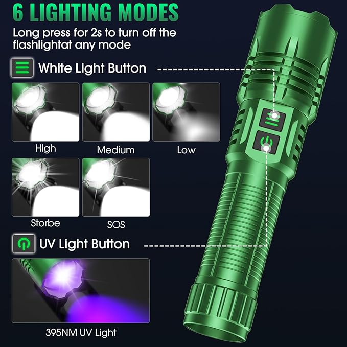 AdamStar UV&High Lumens Flashlight Rechargeable, 2-in-1 Powerful Blacklight LED Flashlight Tactical 6 Modes Super Bright Waterproof Zoomable Detector for Pet Urine Curing Resin Camping
