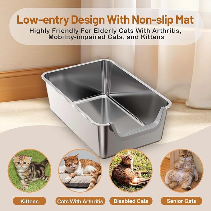 Stainless Steel Cat Litter Box, Steel Litter Pan with Curved Low Entry, Leak Proof 6 Inch High Side for Urine, Easy Entry for Kittens Older Cats, No Slip, 23.6" x 15.7" x 7.9", Grey