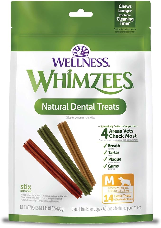Whimzees Wellness Stix Dog Dental Treats, Medium Size Stick, (14 Count)