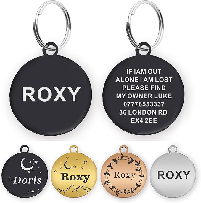 Dog Tags Engraved for Pets Personalized Dog Name Tags Dog ID Tags Small Cat Tags Large Dog Collar Tags Custom Text Stainless Steel Engraved on Both Sides(S Black)