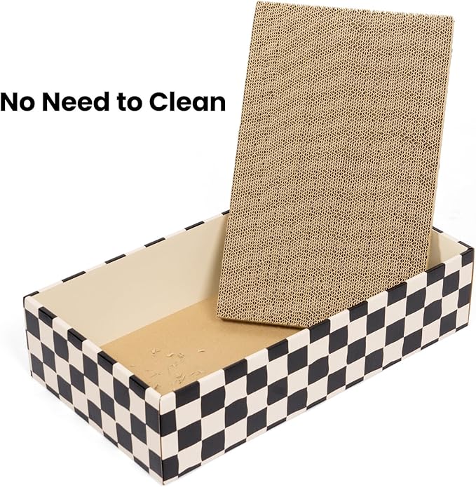 Conlun Cat Scratcher Box with 4 Scratching Pads&2 Separate Cardboard Boxes,2-in-1 Cardboard Cat Scratch for Multiple Kitten Interactive Play,Checkered(Ball & Fish Catnip Toy Included)