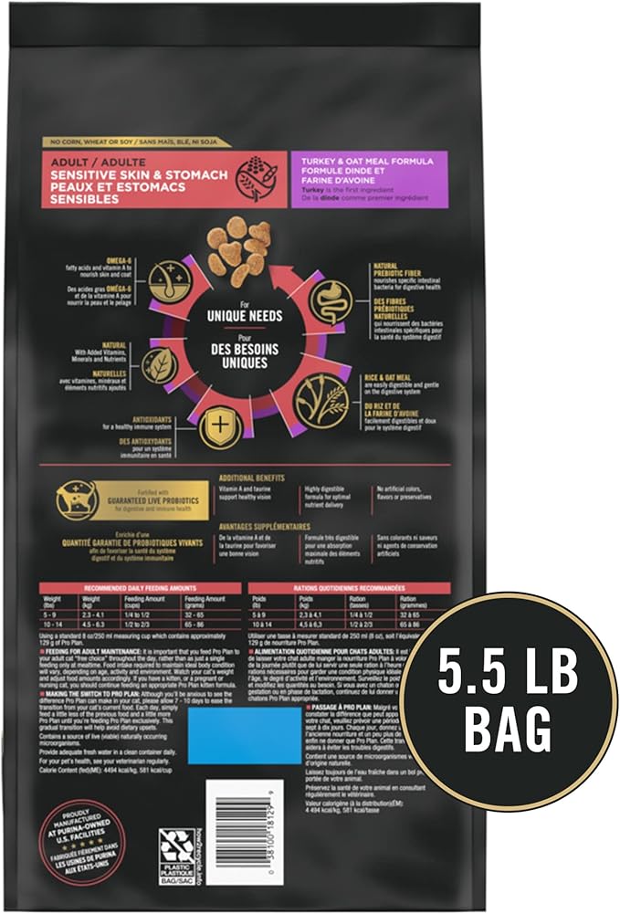 Purina Pro Plan Sensitive Skin and Stomach Dry Cat Food Turkey and Oat Meal Formula - 5.5 lb. Bag