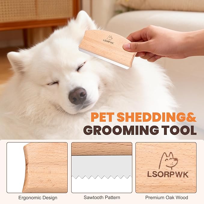 Deshedding Grooming Tool for Dogs, Cats & Horses, Pet Hair Brush, Works for Short & Long Haired Pets, Ergonomic Design Wood Groom Brush.