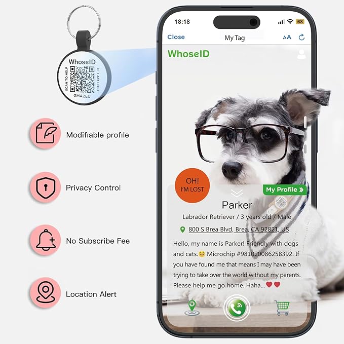 WhoseID QR Code Cat Tag, Modifiable Pet Online Profile, Multiple Emergency Contact, Scannable QR Code, Instant Location Email Alert (Medium to Large Breeds - 1.25", Black & Orange & Red & Green)