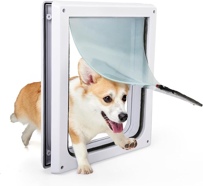 PAWISE 2 Way Dog Door, Lockable Dog Flap with Durable Metal Panel & Flexible Transparent Flap, Weatherproof & Easy Install Pet Door for Dogs, Quiet and Energy-Efficient Design Doggy Door (11.8"x12.2")