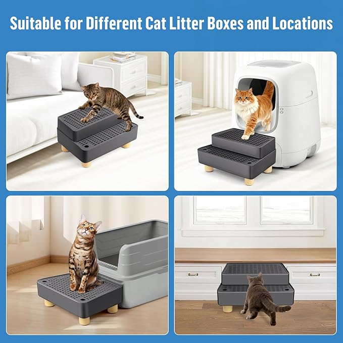 Extra Large 2 Steps Cat Litter Box Step Ramp, Cat Litter Catcher Mat with Wooden Feet, Filter Function, Cat's Pedal Stool for Self-Cleaning Litter, Suitable Kitten & Elderly Cats (Dark Grey)