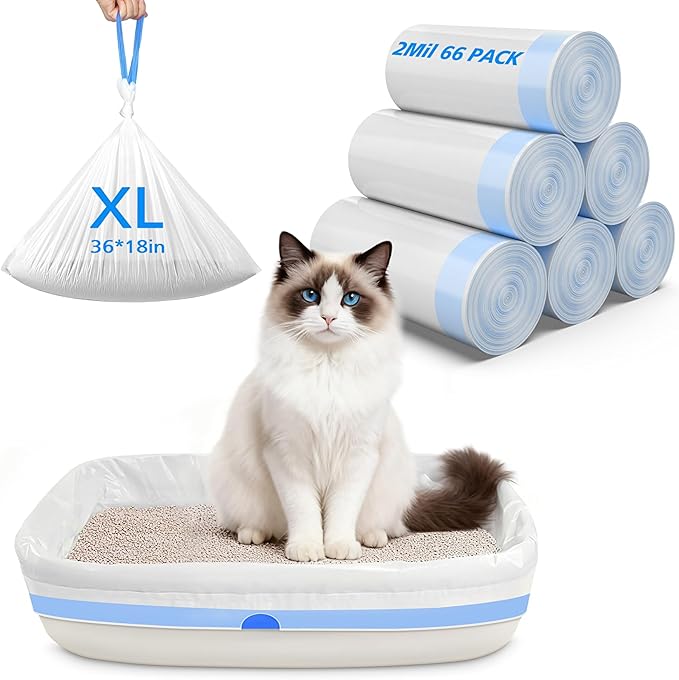 66 Count Jumbo Litter Box Liners 36" X 18",2mil Pre-Separated Cat Litter Bags with Heavy Duty Drawstring,Extra Thick Leakproof Cat Pan Liners for Kitty Box
