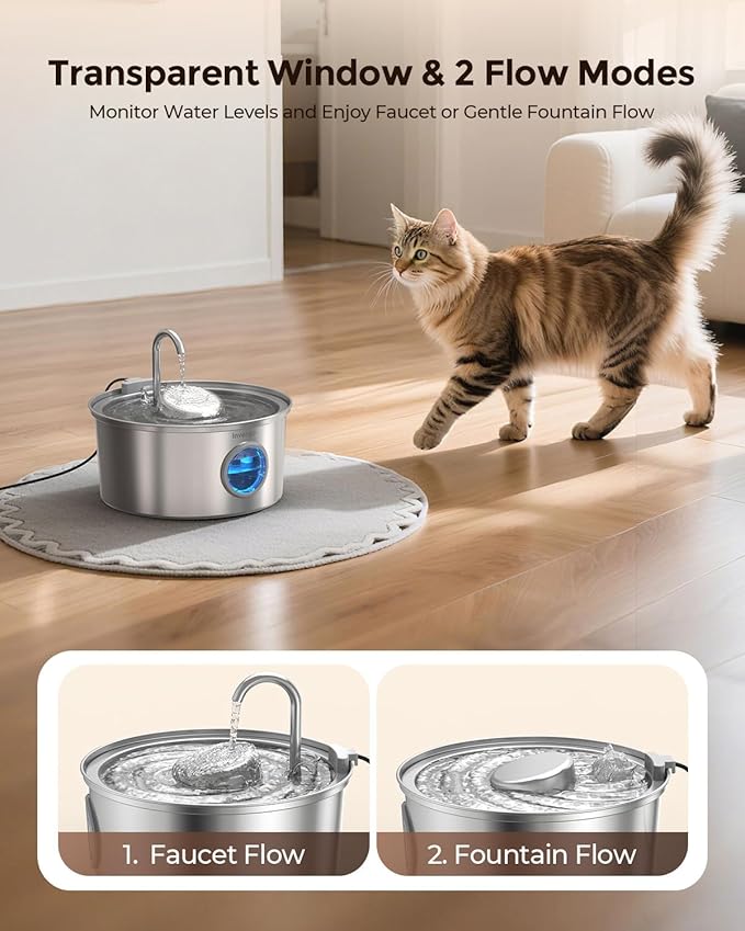 Cat Water Fountain Stainless Steel, 3.2L/108oz Pet Drinking Fountain for Cats Dogs, Automatic Cat Fountain with 2 Flow Modes, Splash-Proof Bowl