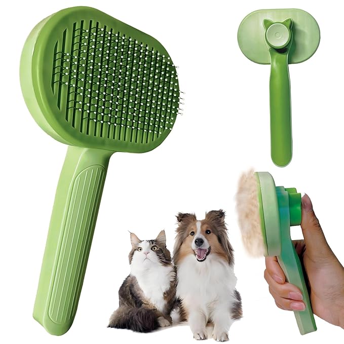 Demiya Cat Grooming Comb with Ergonomic Handle, Green Plastic Pet Brush for Cats, Detangling and Deshedding Tool (Green)