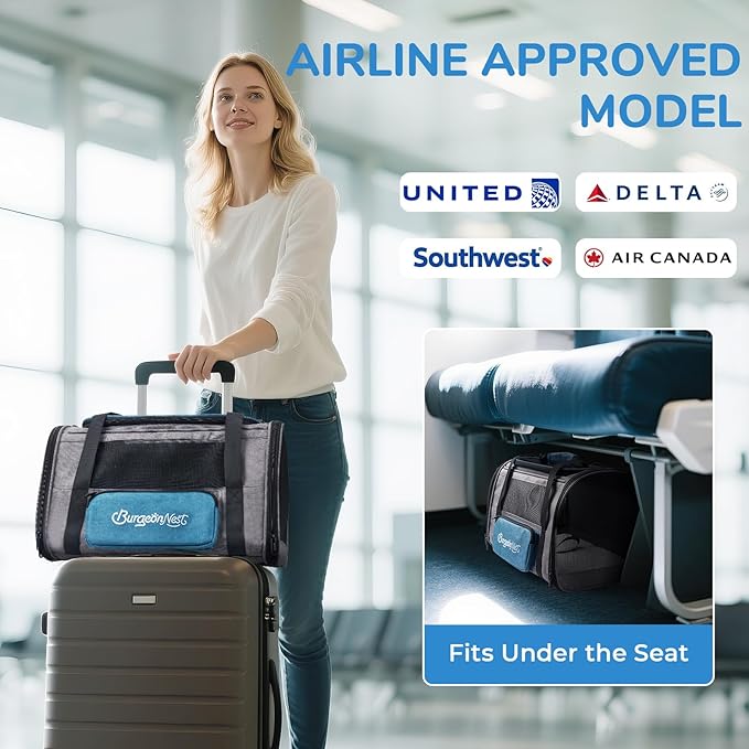 BurgeonNest Cat Carrier, Airline Approved Dog Carrier, Soft Sided Cat Pet Carrier for Small Medium Cats Dogs Under 10 lbs with Side Bag, Collapsible Travel Kitten Puppy Carriers, Blue