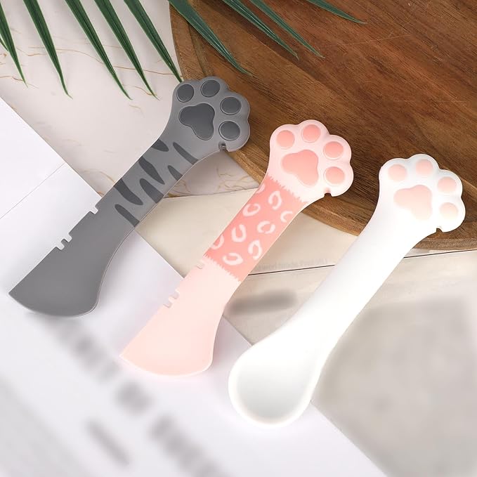 TOYMIS 3pcs Dog Cat Food Spoons, Adorable Cat Paw Food Can Spoons Silicone Can Opener Multifunctional Pet Spatula Scoop Suitable for Pet Supplies (3 Colors)