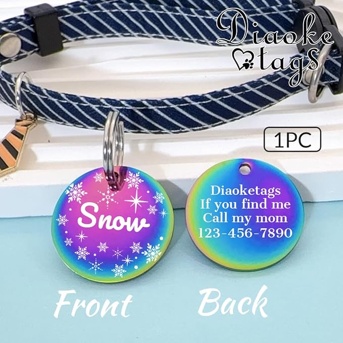 Stainless Steel Cat ID Tag Personalized Pet Tags with up to 4 Lines of Custom Text, Small Pet Mini Dog Cat Tag Lightweight, Engraved on Both Sides, Multiple Patterns Colors Size Options