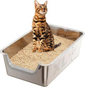 Stainless Steel Cat Litter Box, Steel Litter Pan with Curved Low Entry, Leak Proof 6 Inch High Side for Urine, Easy Entry for Kittens Older Cats, No Slip, 23.6" x 15.7" x 7.9", Grey