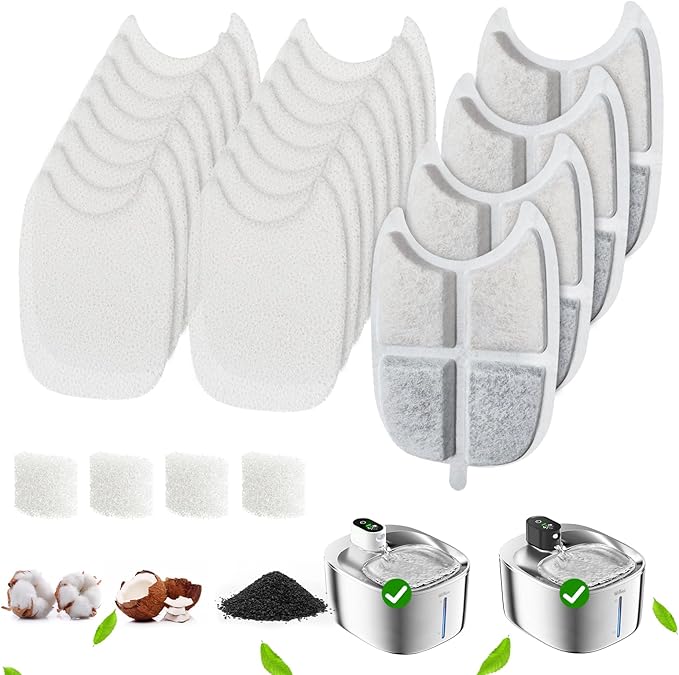 4 Pack Filters Replacement Filter for FS10 Plus, 6 Layer Filter, Pet Drinking Fountain for 138 fl oz/4.1L FS10 Plus (White, 4 Filters + 16 Sponges + 4 Pump Filters)