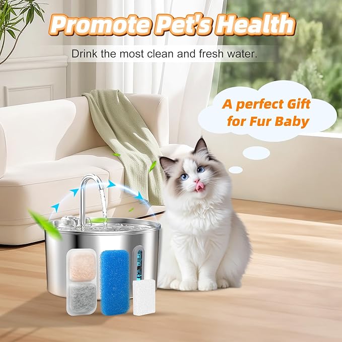 8 Sets Cat Water Fountain Filter Compatible with oneisall 67oz/2L Stainless Steel Cat Water Fountain, Activated Carbon Ion Resin Food Grade PP Cotton, Fresh and Clean