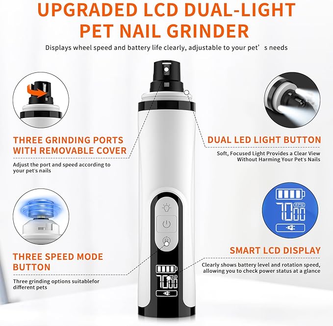 Dog Nail Grinder Upgraded – Gentle Paw Grooming & Smoothing, 3 Speed Dog Nail Trimmers & Dog Nail Clippers with Display, 2 LED & 3 Grinding Ports Ideal for Small/Medium/Large Dogs, Cats/Other Animals