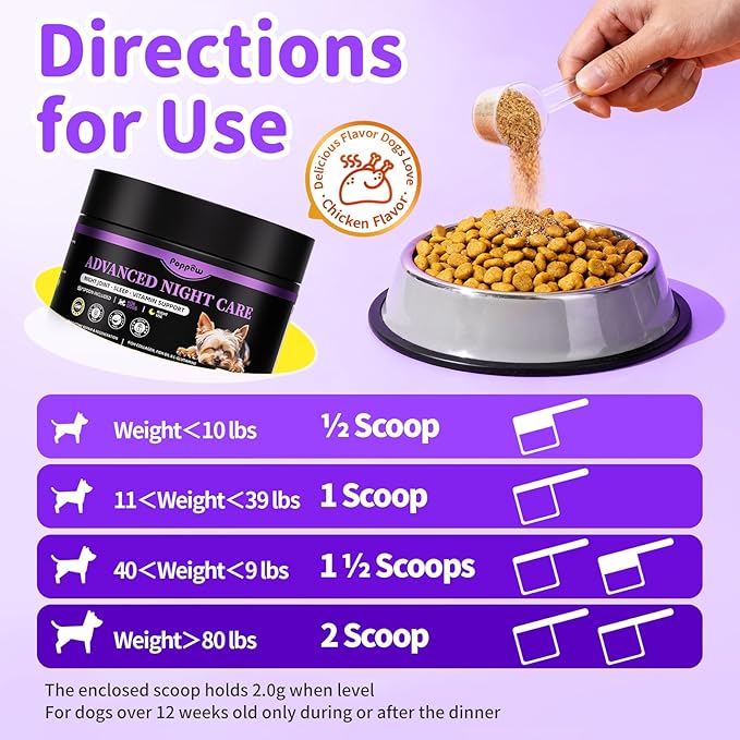 Dog Vitamins and Supplements for Nighttime Repair, Calming, Joint, Gut, Dog Multivitamin Powder for Homemade Food with Collagen, Glucosamine, GABA, Probiotics - Chicken Flavor, 75 Scoops