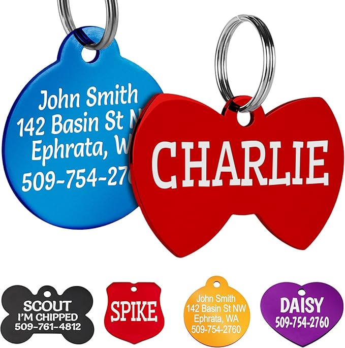 GoTags Dog Tags, Personalized Engraved Dog and Cat ID Tags for Pets, Custom Engraved on Both Sides, Various Shapes Including Bone, Round, Heart, Bow Tie, Star, and Badge (Bow Tie, Small - Pack of 1)