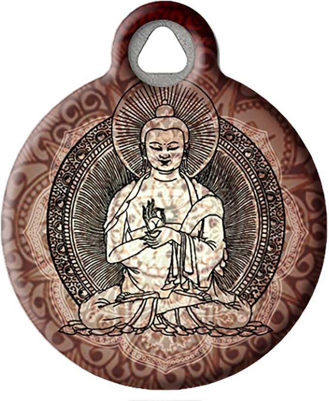 Dog Tag Art Buddha Religious Pet ID Tag for Dogs and Cats, Silent Polymer Coated Stainless Steel Nametag with Customized Identification Information - Small .875" Diameter