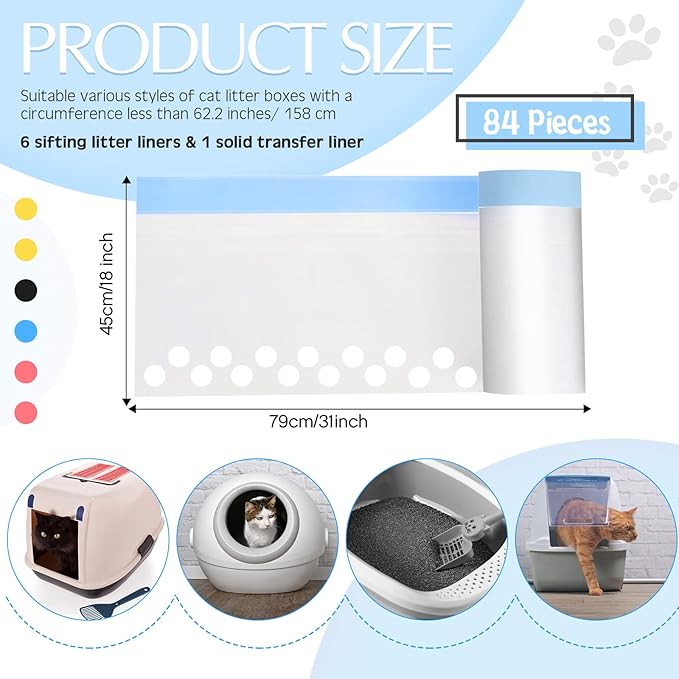 Jutom 84 Count Sifting Litter Box Liners, Drawstring Jumbo Sifting Cat Litter Bags with Holes, 31 x 18 Inch 22 lb Capacity Portable Thick Scratch Resistant Drawstring Bags for Pet Cats