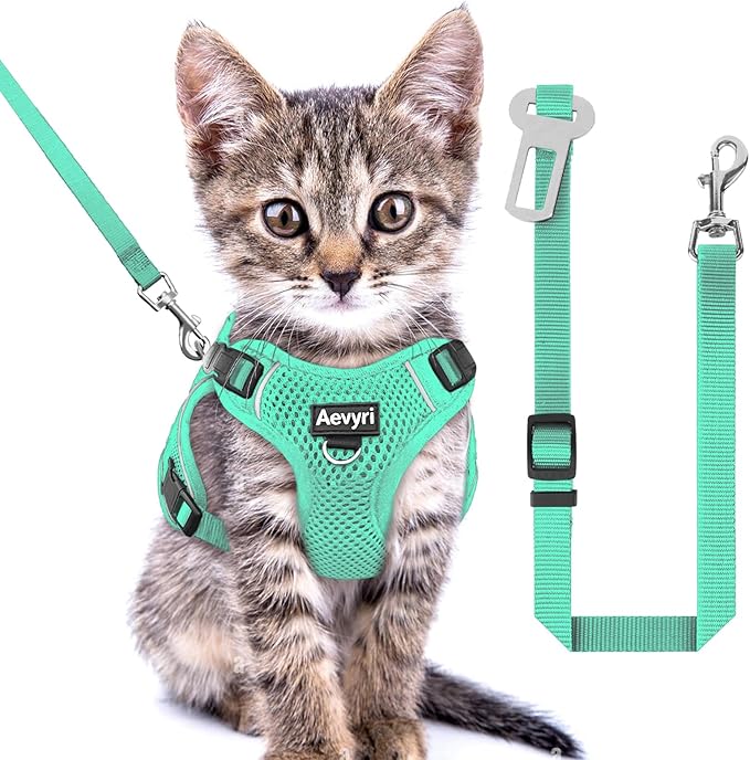 Cat Harness and Leash for Walking, The Upgrade Can be Adjusted in Four Directions and Breathable Cat Harness for Anti Escape that can be Fitted and Positioned, Reflective Strips Harness, Green, XS