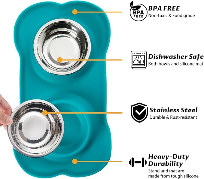 Hubulk Pet Dog Bowls 2 Stainless Steel Dog Bowl with No Spill Non-Skid Silicone Mat + Pet Food Scoop Water and Food Feeder Bowls for Feeding Small Medium Large Dogs Cats Puppies (Small, Green)