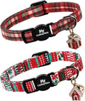 Christmas 2 Pack Cat Collar, Cute Soft Breakaway Kitty Collar with Bell&Pendent, Cotton Christmas Plaid Collar with Safety Buckle for Girl Boy Cats