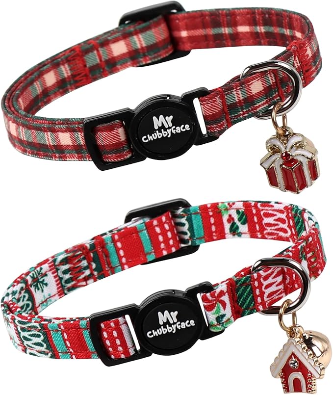 Christmas 2 Pack Cat Collar, Cute Soft Breakaway Kitty Collar with Bell&Pendent, Cotton Christmas Plaid Collar with Safety Buckle for Girl Boy Cats