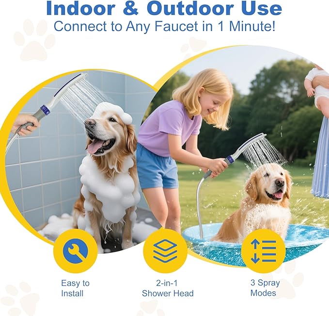 Dog Shower Attachment,Dog Shower With Brass Diverter,Pet Shower Attachment for 3 Spray Modes,8-Foot Hose With Indoor and Outdoor Adapters,for Bathing & Grooming Easy Dog/Cat Bathing and Cleaning