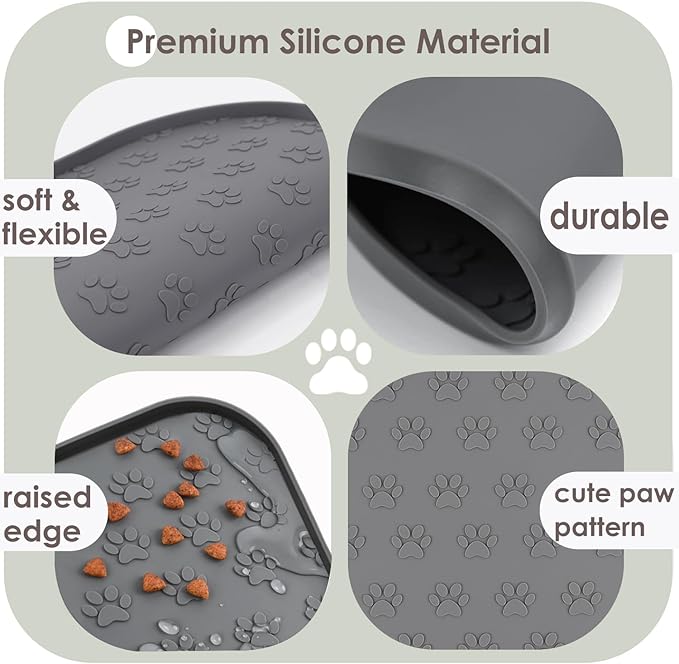 Pet Feeding Mat, Waterproof Anti-Slip Placemats for Dog Cat Bowl Silicone Pet Food Mat, Raised Edge Prevent Spills on Floor & Carpet, Dishwasher Safe (Black, 11" x 11")