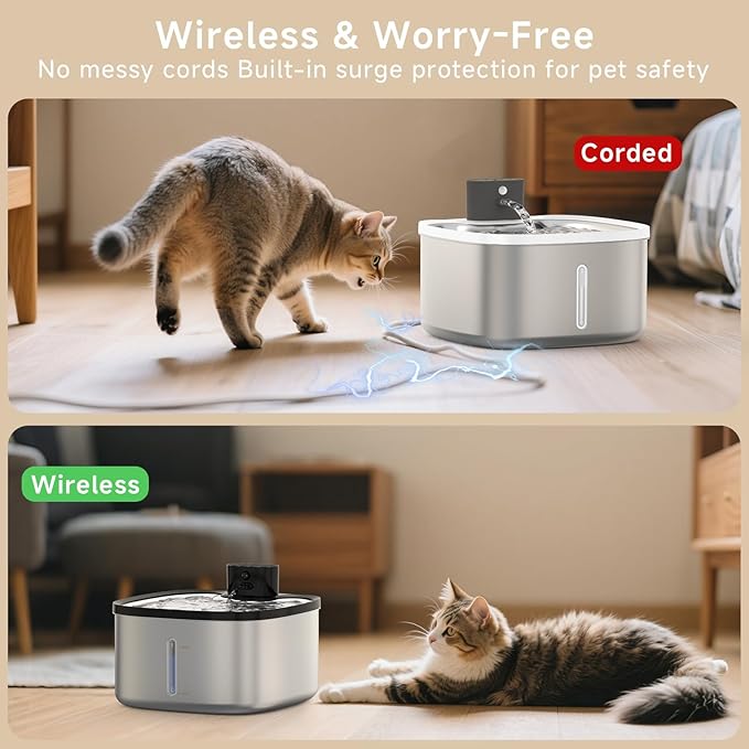 Cat Water Fountain Stainless Steel, 118oz/3.5L Cordless Automatic Pet Water Dispenser for Cats Indoor, with Motion Sensor, Ultra Quiet Pump, Rechargeable & Multi-Filtration (Silver)