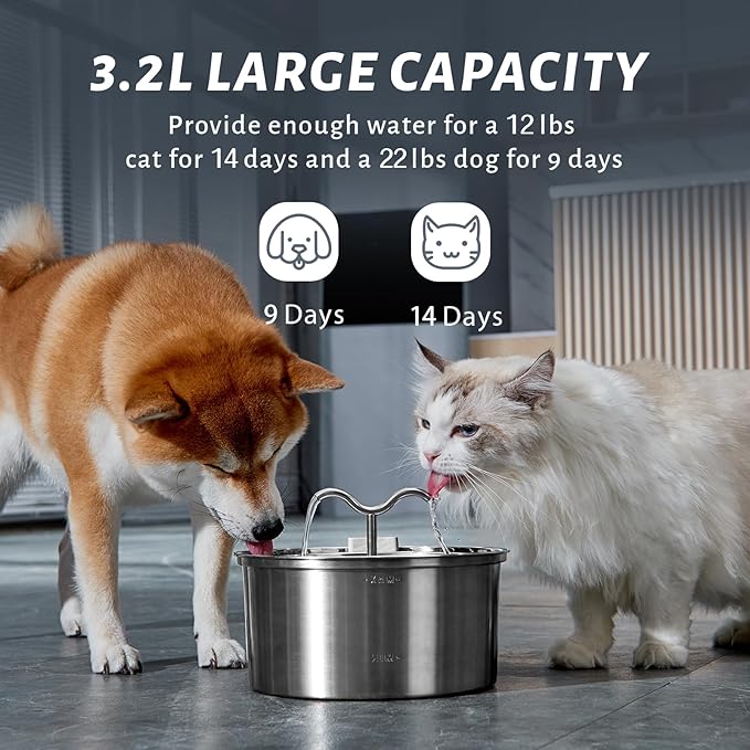 DOOOB Cat Water Fountain, 3.2L/108OZ Stainless Steel Pet Water Dispenser Automatic Metal Dog Drinking Fountains Water Bowl with 8 Filters & 8 Sponges and Ultra-Quiet Pump