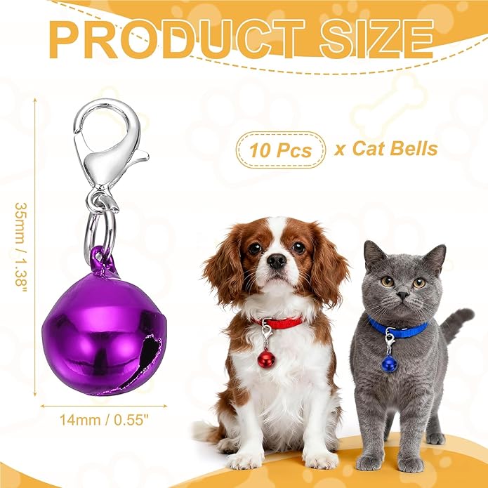 10Pcs Cat Bell, Small Glossy Pet Copper Bell Collars Charm with Lobster Buckle Loud Crisp Sound Anti-Lost Pendant Accessory(14mm, Purple) for Cat Dog DIY Crafts/Christmas Decor