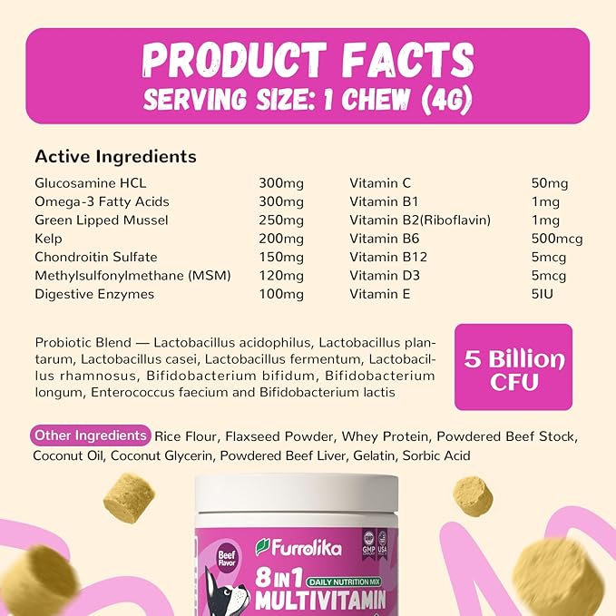 Furrolika 60 Count Multivitamin Soft Chews -Made in The USA- Dog Vitamins and Supplements with Glucosamine, Chondroitin, Digestive Enzymes, Probiotics - Hip & Joint, Immune System, Skin & Coat Support
