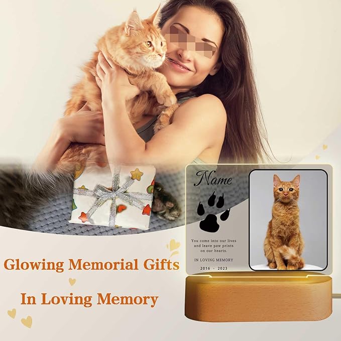 Personalized Pet Night Light Customized Dog Memorial Gift Picture Frame Acrylic Plaque Led Lamp Cat Sympathy Gift for Loss of Pet(Cat Paw)