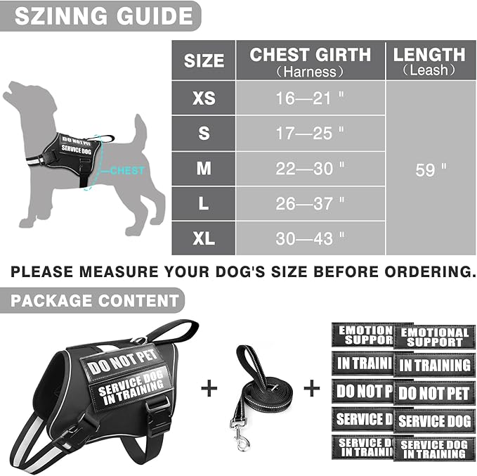 Service Dog Vest Harness and Leash Set+10 Patches,No Pull&Easy Walk Reflective Dog Harness with Soft Padded Handle for Training/Everyday,Fit Small/Medium/Large/Extra-Large Dogs (Black L)