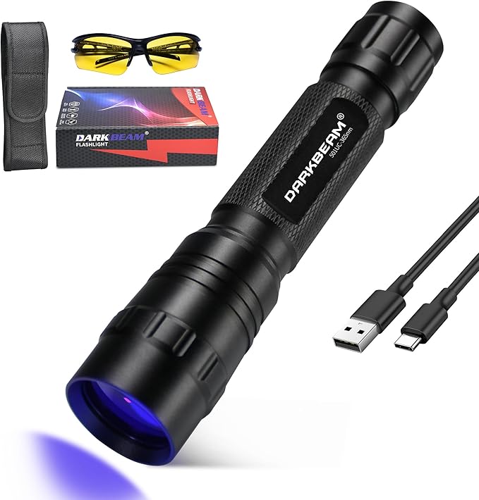 DARKBEAM UV Flashlight 365 nm Light Blacklight, Mini Powerful Wood’s Lamp USB-C Rechargeable, LED 10W Ultraviolet Flashlights Pocket Pet Urine Detector for Mineral, Uranium Glass, Resin Curing
